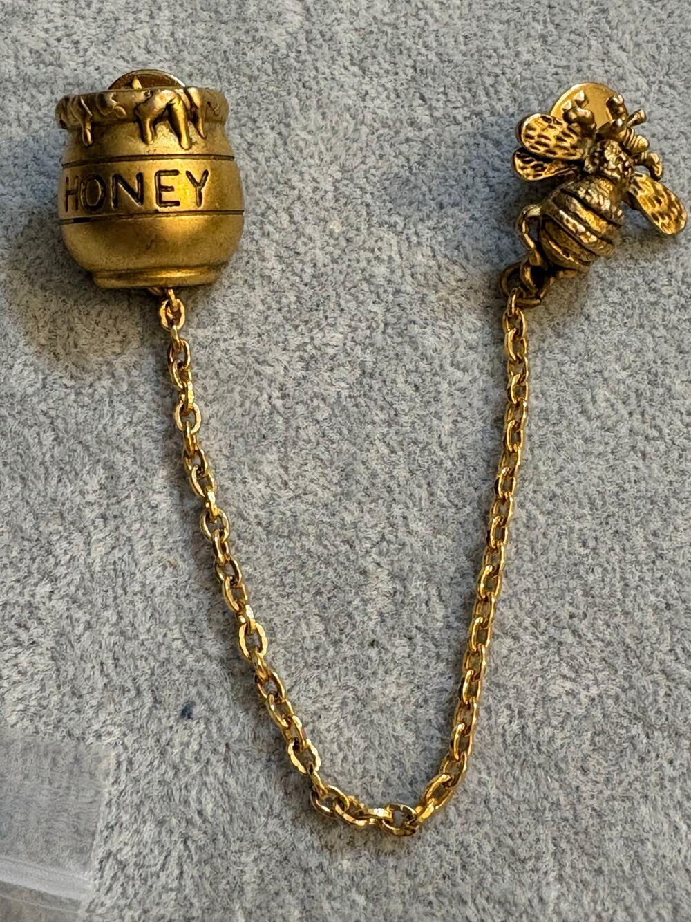 Vintage AMY Honey Pot Bee Sweater Guard Lapel Pin Gold Tone